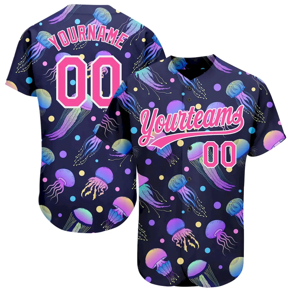 3DPattern2348.webp Custom Navy Pink-White 3D Pattern Design Colorful Cartoon Jellyfish Authentic Baseball Jersey - Image 1