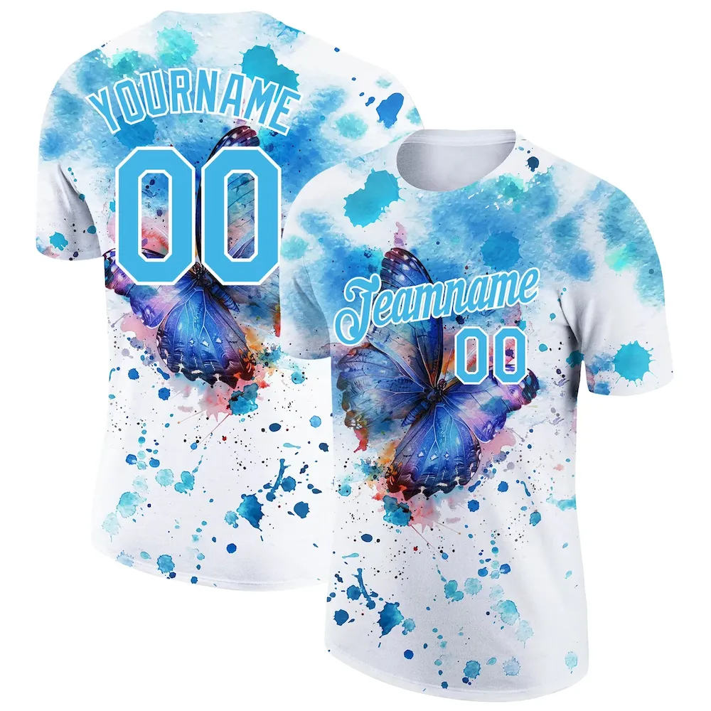 3DPattern5230.webp Custom White Sky Blue 3D Pattern Design Butterfly And Watercolor Splash Performance T-Shirt - Image 1