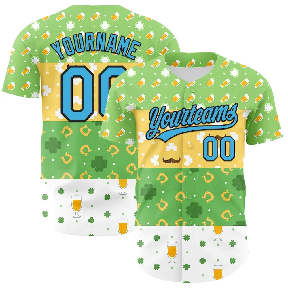 3DPattern6644.webp Custom Green Sky Blue Light Yellow-Black 3D St. Patrick's Day Shamrock Beer Authentic Baseball Jersey - Image 1