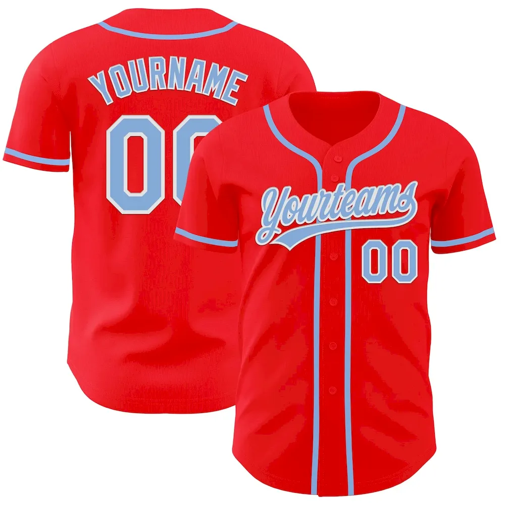 FireRed0012.webp Custom Fire Red Light Blue-White Authentic Baseball Jersey - Image 1