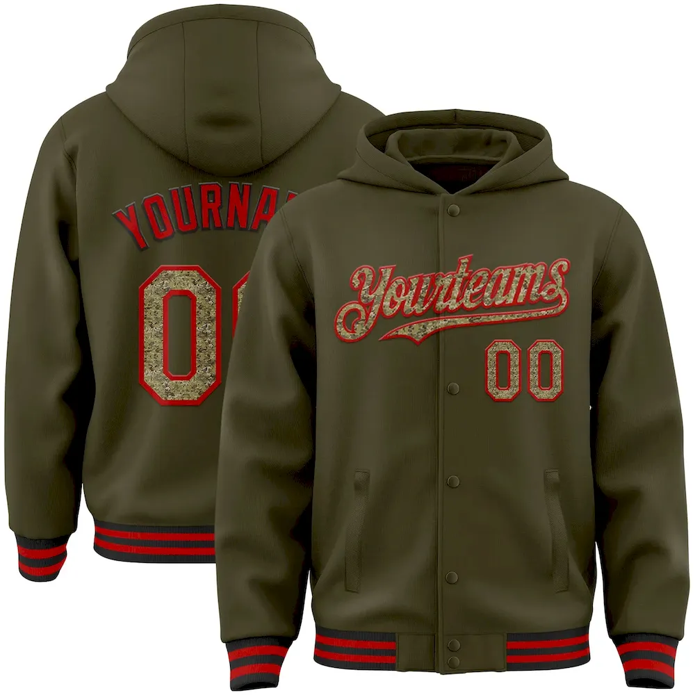 Jacket4012.webp Custom Olive Camo Red-Black Bomber Full-Snap Varsity Letterman Salute To Service Hoodie Jacket - Image 1