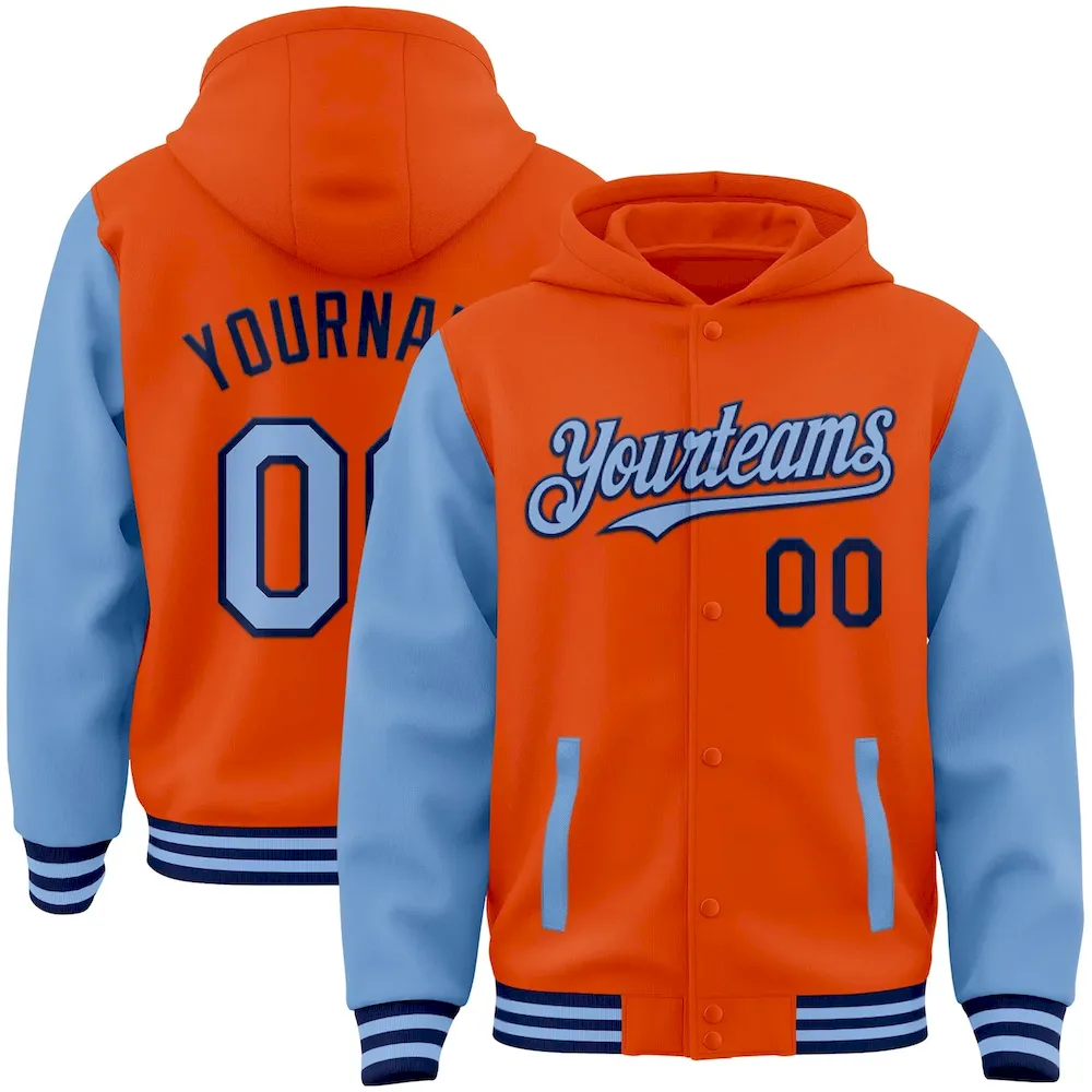Jacket4529.webp Custom Orange Light Blue-Navy Bomber Full-Snap Varsity Letterman Two Tone Hoodie Jacket - Image 1