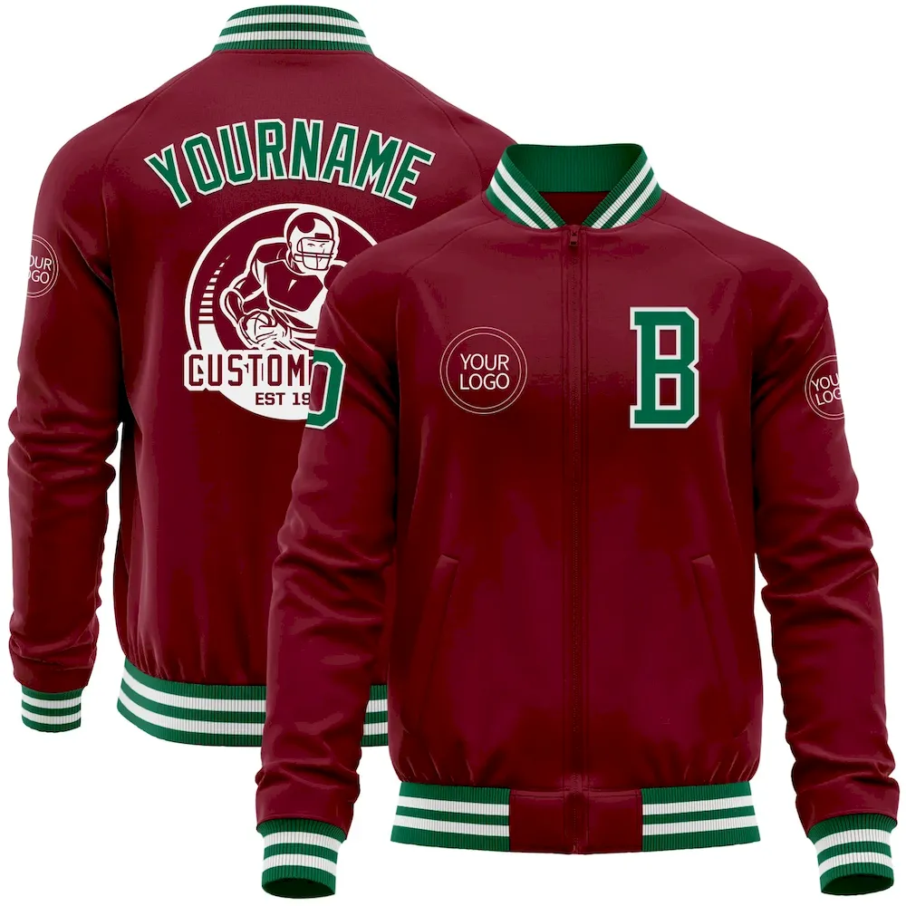 Jacket5301.webp Custom Crimson Kelly Green-White Bomber Varsity Letterman Zipper Jacket - Image 1