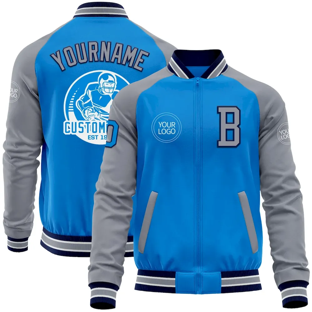 Jacket5462.webp Custom Powder Blue Navy-Gray Bomber Varsity Letterman Two Tone Zipper Jacket - Image 1