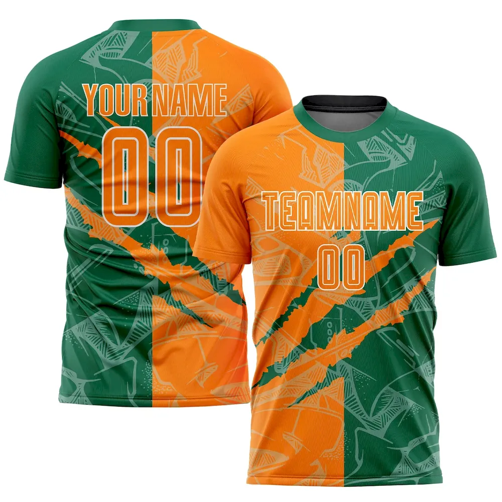 Soccer1684.webp Custom Graffiti Pattern Bay Orange-Kelly Green Scratch Sublimation Soccer Uniform Jersey - Image 1