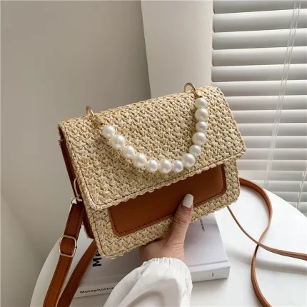 Women Fashion Pearl Decoration Flap Design Color Blocking Straw Crossbody Bag